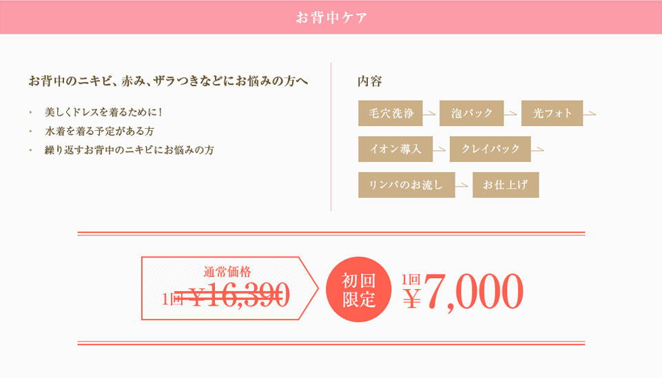 お背中ケア お背中のニキビ、赤み、ザラつきなどにお悩みの方へ 初回限定 1回7,000円